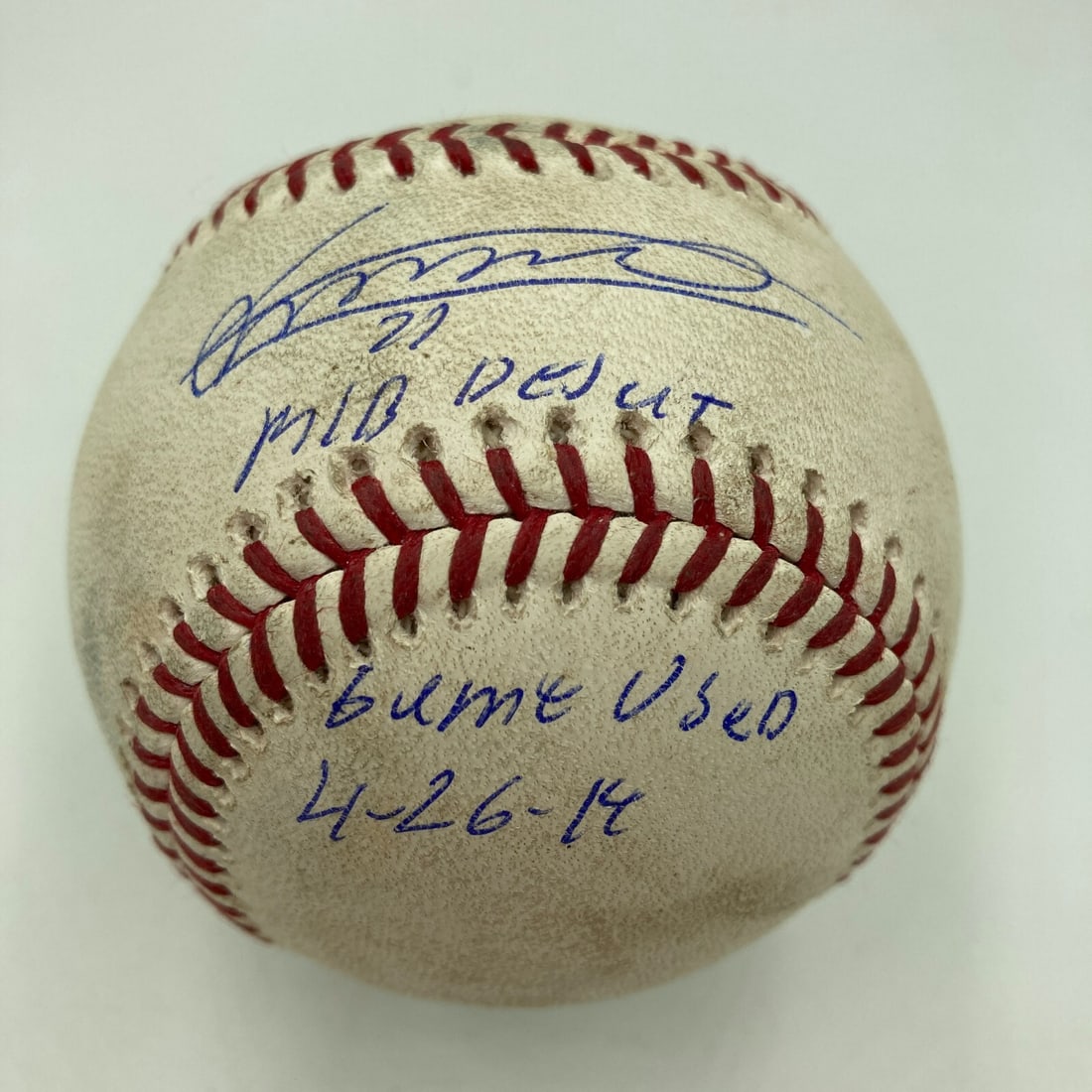 Vladimir Guerrero Jr. Signed Inscribed MLB Debut Game Used Baseball JSA COA: Vladimir Guerrero Jr. Signed Inscribed MLB Debut Game Used Baseball JSA COA Celebrate the remarkable debut of Vladimir Guerrero Jr. with this authentic game-used baseball, personally signed and inscri