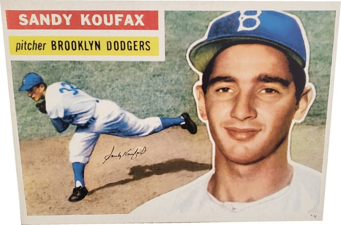 Sandy Koufax Hand Signed 1956 Topps Canvas 26x36 Certified: Sandy Koufax Hand Signed 1956 Topps Canvas 26x36 Certified Celebrate the legacy of Sandy Koufax with this stunning hand-signed autographed stretched canvas photo, featuring the iconic 1956 Topps card 