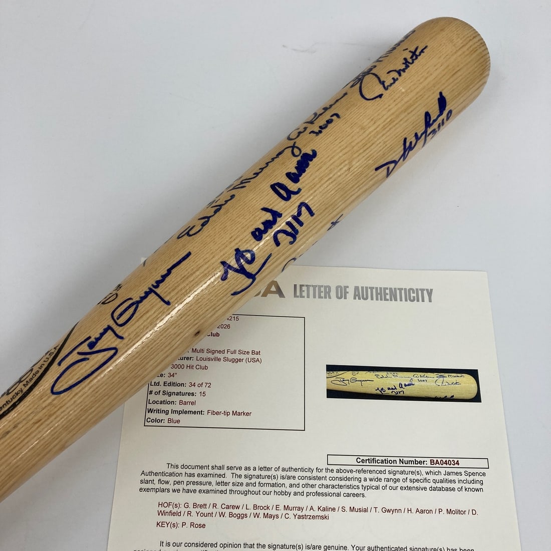 JSA 15 Autograph Baseball Bat 3000 Hit Club Willie Mays Hank Aaron: JSA 15 Autograph Baseball Bat 3000 Hit Club Willie Mays Hank Aaron This is an original 3,000 Hit Club baseball bat featuring 15 signatures from legendary players, including Willie Mays, Hank Aaron, Ge