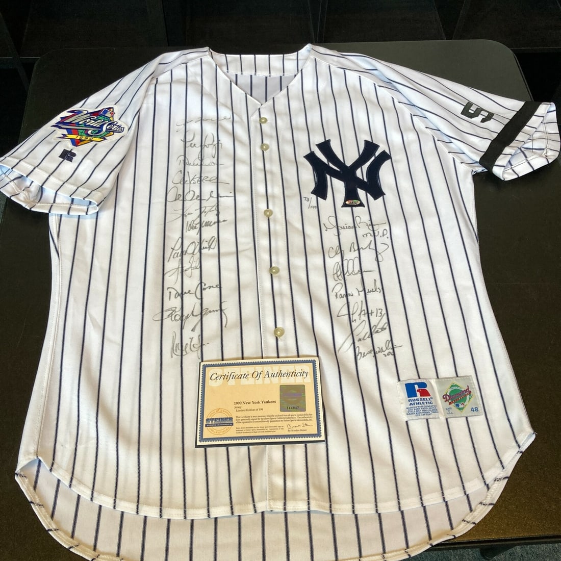 1999 New York Yankees Team Signed Jersey Jeter Rivera Steiner COA: 1999 New York Yankees Team Signed Jersey Jeter Rivera Steiner COA This authentic 1999 New York Yankees Team Signed World Series Jersey is a must-have for any baseball fan. Featuring 20 signatures, inc