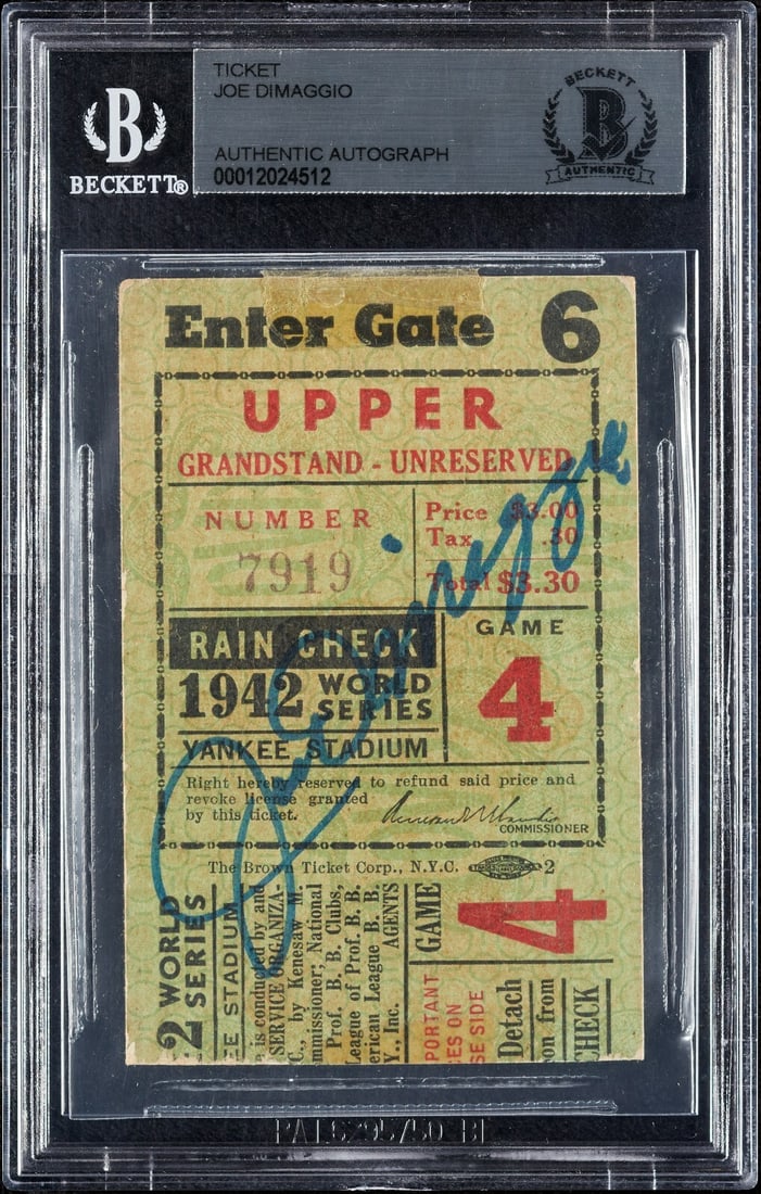 Joe DiMaggio Signed 1942 World Series Ticket BAS Authenticated Yankees: Joe DiMaggio Signed 1942 World Series Ticket BAS Authenticated Yankees This is an original 1942 World Series ticket stub, beautifully signed by the legendary Joe DiMaggio in blue felt tip pen. The tic