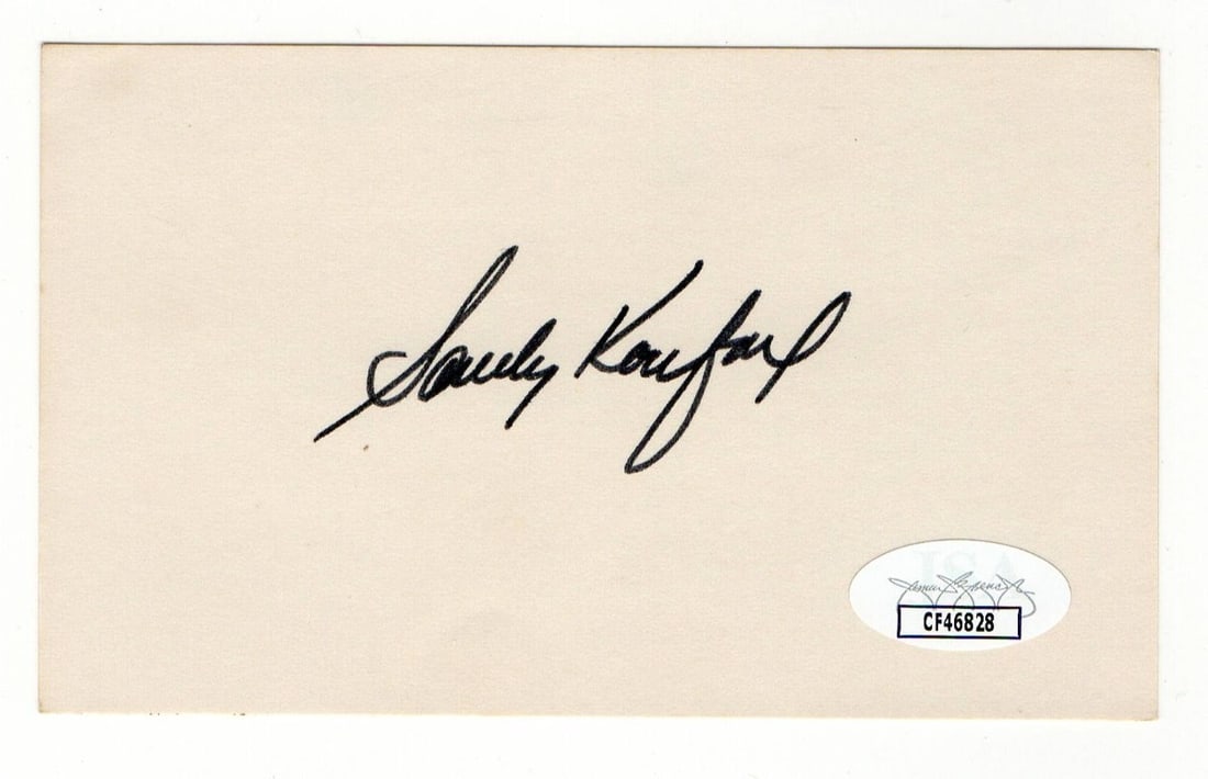 Sandy Koufax Autographed 3X5 Index Card Dodgers JSA Certified: Sandy Koufax Autographed 3X5 Index Card Dodgers JSA Certified This is an original 3X5 index card autographed by the legendary Sandy Koufax, a Hall of Fame pitcher known for his remarkable career with 