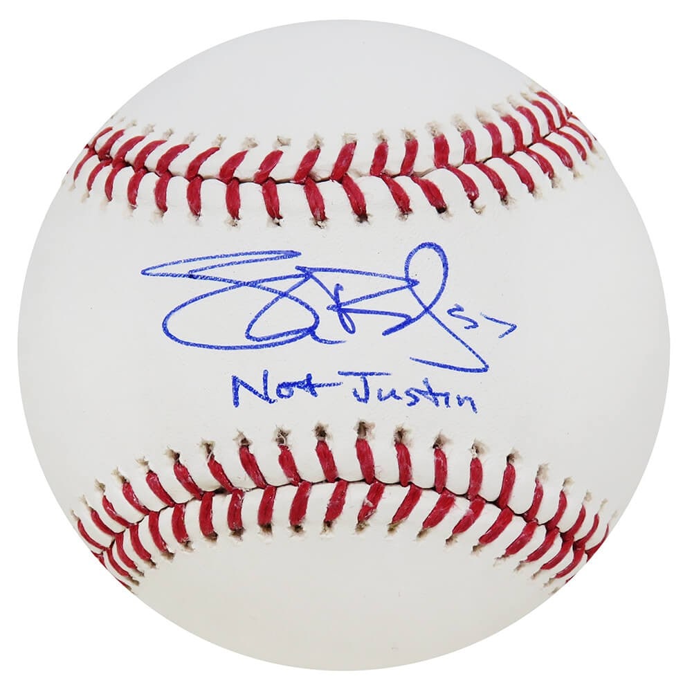 Shane Bieber Signed MLB Baseball with Not Justin Inscription Beckett COA: Shane Bieber Signed MLB Baseball with Not Justin Inscription Beckett COA This is a signed Rawlings official MLB baseball featuring the autograph of Shane Bieber, a prominent player for the Cleveland I