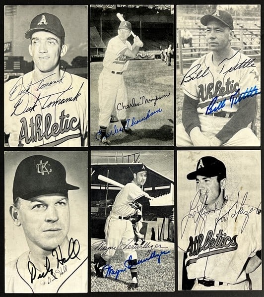 Lot of 19 Kansas City A's Signed Team Photos 1955-61: Lot of 19 Kansas City A's Signed Team Photos 1955-61 This lot features 19 original Kansas City A's team-issued photos from 1955-61, each measuring 3.5x5.5 inches and signed by notable players. The sig