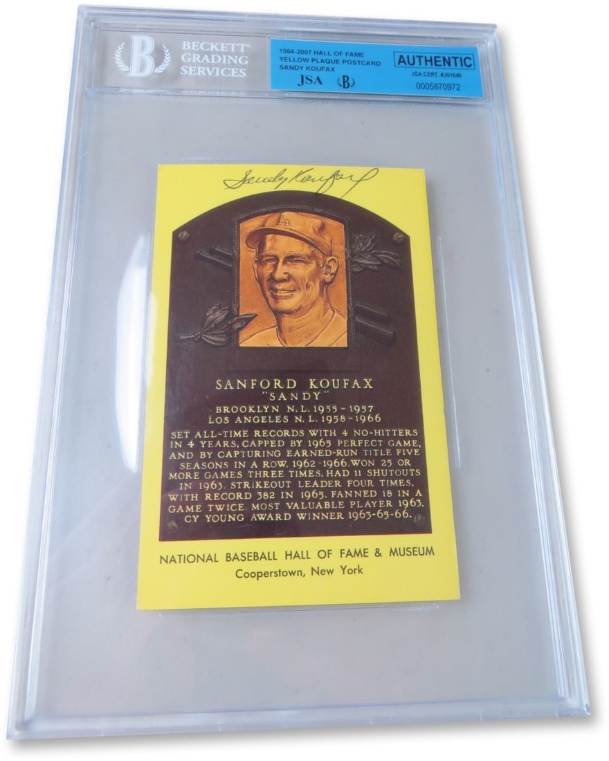 Sandy Koufax Autographed Hall of Fame Postcard Dodgers JSA Certified: Sandy Koufax Autographed Hall of Fame Postcard Dodgers JSA Certified This is an original Hall of Fame postcard featuring the legendary Sandy Koufax, authenticated by James Spence (JSA). A must-have co