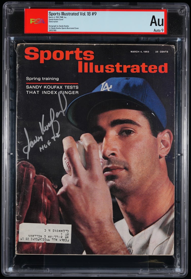 1963 Sports Illustrated Magazine Signed by Sandy Koufax with HOF Inscription PSA/DNA 9: 1963 Sports Illustrated Magazine Signed by Sandy Koufax with HOF Inscription PSA/DNA 9 This is an original 1963 Sports Illustrated Magazine featuring a bold signature and the inscription "HOF 72" by S