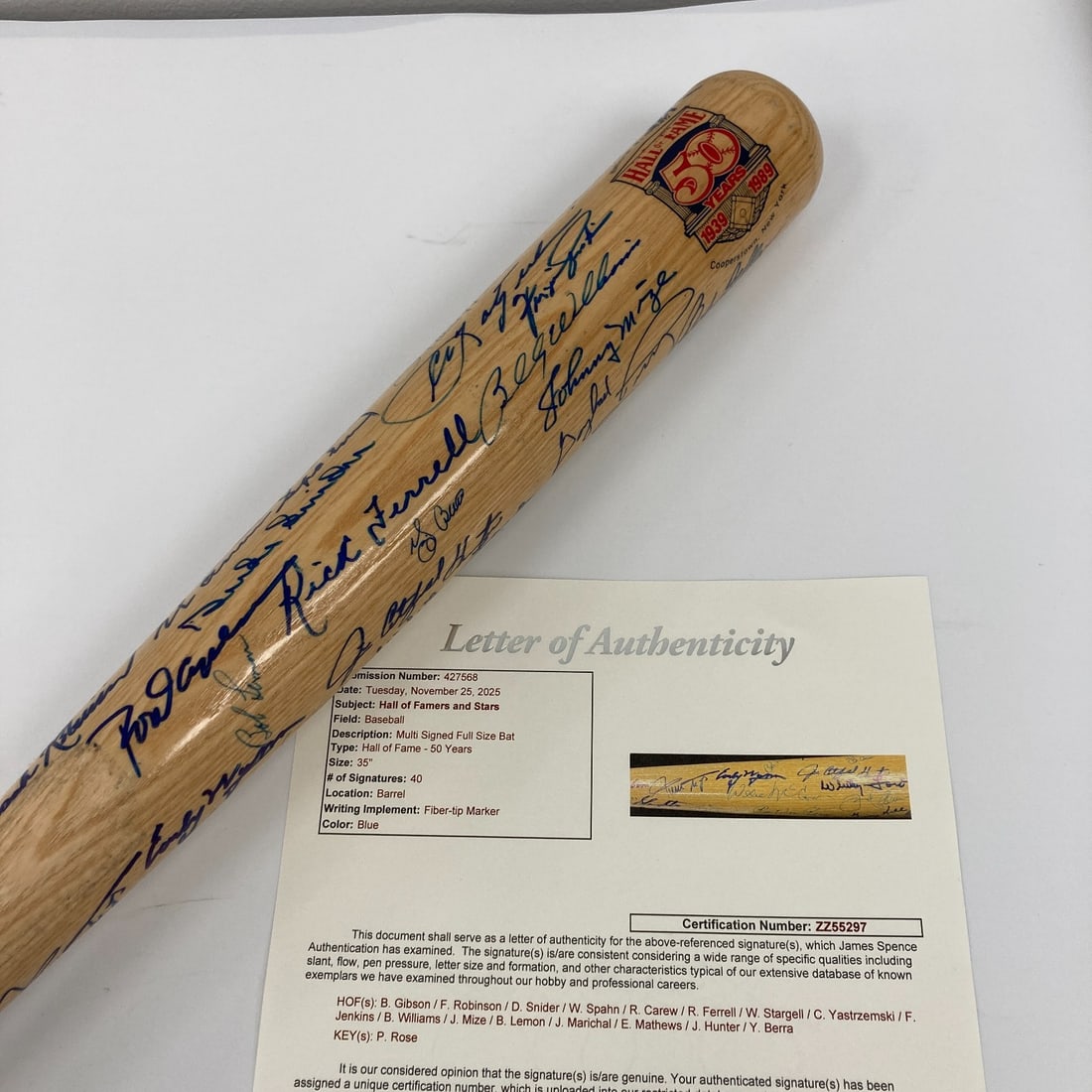 Hall Of Fame Multi Signed Baseball Bat 40 Autographs JSA COA: Hall Of Fame Multi Signed Baseball Bat 40 Autographs JSA COA This Hall of Fame Multi-Signed Cooperstown Baseball Bat features 40 autographs from legendary players, including Willie Mays, Bob Gibson, F