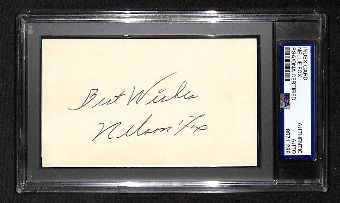 Nellie Fox Hall of Fame Autographed 3x5 Index Card PSA DNA Senators: Nellie Fox Hall of Fame Autographed 3x5 Index Card PSA DNA Senators This is an original 3x5 index card signed by Hall of Famer Nellie Fox. The card has been authenticated by PSA/DNA and is associated 