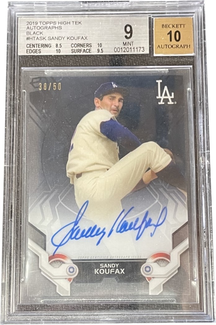 Sandy Koufax 2019 Topps High Tek Black Auto BGS 9 MINT #HTASK Limited 38/50: Sandy Koufax 2019 Topps High Tek Black Auto BGS 9 MINT #HTASK Limited 38/50 This is a 2019 Topps High Tek Black Autograph Baseball Card featuring Hall of Famer Sandy Koufax. Graded BGS 9 MINT for its 