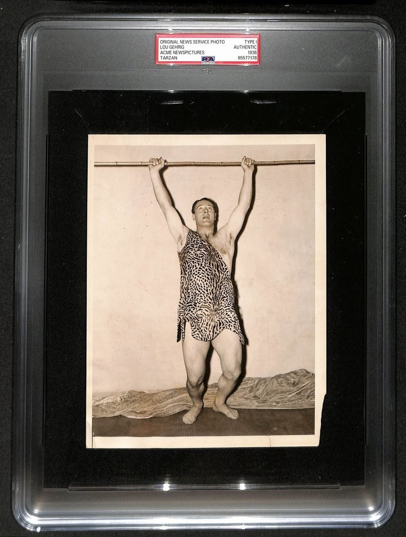 1936 Lou Gehrig Tarzan Yankees Photo 9x7 Original Type 1 PSA DNA Authenticated: 1936 Lou Gehrig Tarzan Yankees Photo 9x7 Original Type 1 PSA DNA Authenticated This exceptional original 1936 Lou Gehrig "Tarzan" photograph measures 9" x 7" and is fully authenticated by PSA/DNA. Cap