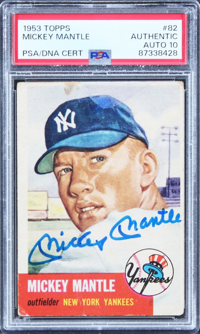 Mickey Mantle Autographed 1953 Topps 82 Yankees Card PSA DNA Gem Mint 10 Slabbed: Mickey Mantle Autographed 1953 Topps 82 Yankees Card PSA DNA Gem Mint 10 Slabbed This 1953 Topps #82 baseball card features a hand-signed autograph by Mickey Mantle of the New York Yankees. The card h