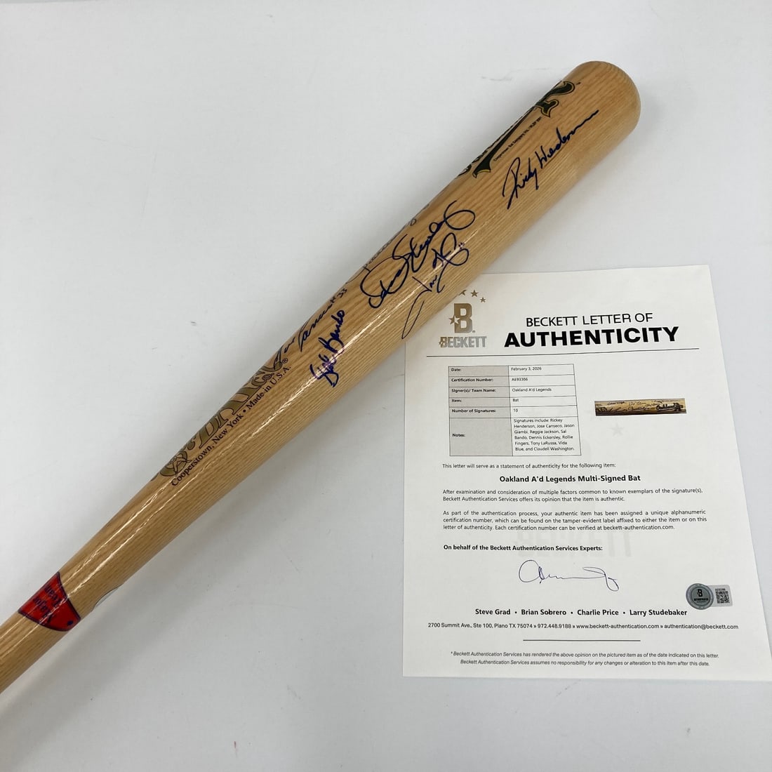 Cooperstown Bat Signed by 10 Oakland Athletics Including Henderson Jackson BAS LOA: Cooperstown Bat Signed by 10 Oakland Athletics Including Henderson Jackson BAS LOA This Cooperstown Bat Co. bat commemorates the Oakland Athletics and is signed by 10 legendary former team members. No