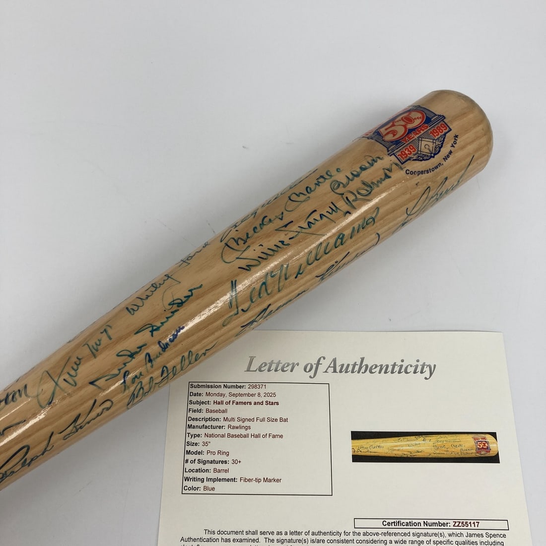 Mickey Mantle Ted Williams Willie Mays Hank Aaron Multi Signed Bat JSA COA: Mickey Mantle Ted Williams Willie Mays Hank Aaron Multi Signed Bat JSA COA This is a remarkable Multi-Signed Rawlings Adirondack Commemorative Bat featuring the signatures of 45 legendary Baseball Hal