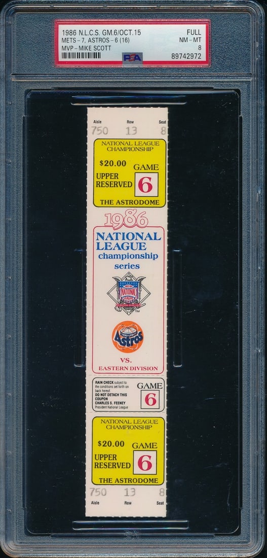 PSA NM-MT 8 Full 1986 NLCS Game 6 Ticket Mets Astros 16-Inning Authenticated: PSA NM-MT 8 Full 1986 NLCS Game 6 Ticket Mets Astros 16-Inning Authenticated This is an original full ticket from Game 6 of the 1986 National League Championship Series between the New York Mets and t