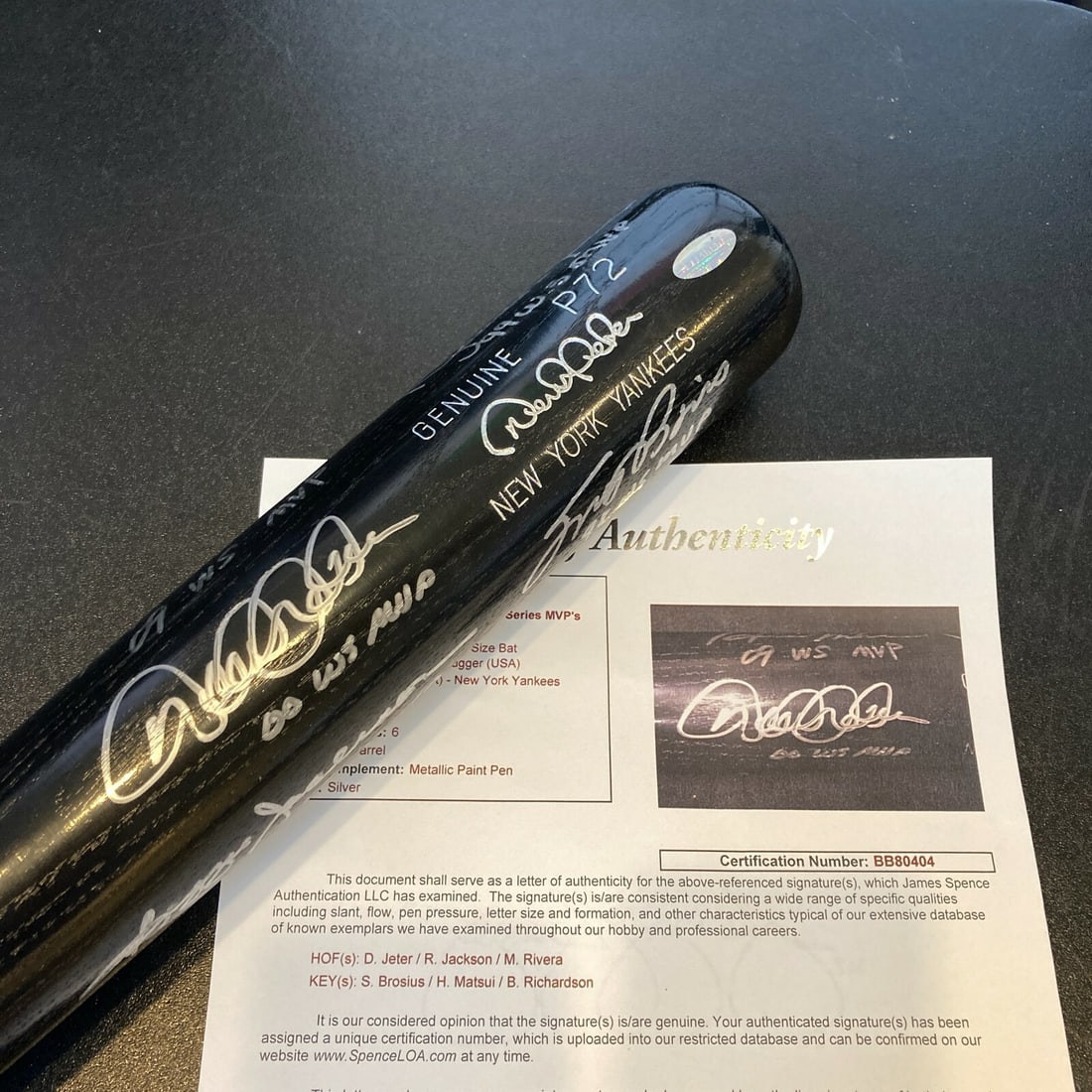Derek Jeter Mariano Rivera Signed Bat with 6 World Series MVPs JSA Authenticated: Derek Jeter Mariano Rivera Signed Bat with 6 World Series MVPs JSA Authenticated This stunning Louisville P72 bat features the signatures of six legendary New York Yankees who have been awarded the Wo