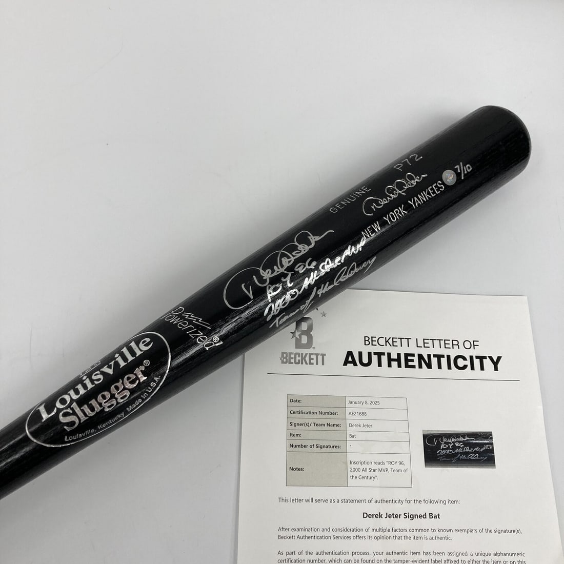 Derek Jeter Signed Louisville Slugger P72 Bat with ROY 96 and MVP Inscriptions Beckett Authenticated: Derek Jeter Signed Louisville Slugger P72 Bat with ROY 96 and MVP Inscriptions Beckett Authenticated This authentic Louisville Slugger P72 model baseball bat is signed by legendary New York Yankees pl