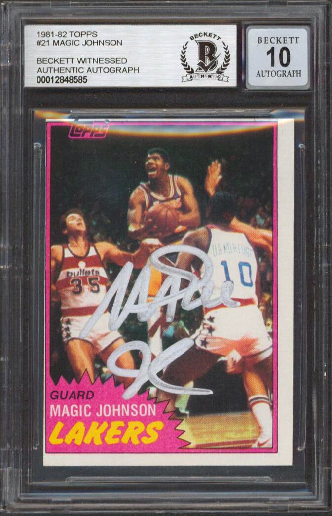 Magic Johnson Signed 1981 Topps #21 Card Gem Mint 10 Beckett Authenticated: Magic Johnson Signed 1981 Topps #21 Card Gem Mint 10 Beckett Authenticated This is an authentic 1981 Topps #21 card featuring Magic Johnson, personally signed by the NBA legend himself. Graded Gem Min