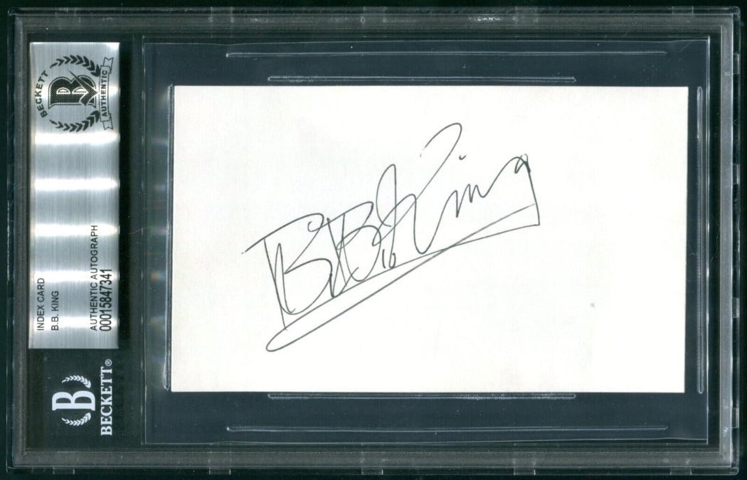 3x5 Index Card Signed by B.B. King Beckett Authenticated Autograph: 3x5 Index Card Signed by B.B. King Beckett Authenticated Autograph This is an original 3x5 index card autographed by B.B. King, the legendary blues guitarist and singer. The card has been authenticate