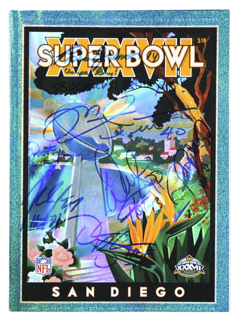 Super Bowl XXXVII Program signed by 7 Buccaneers BAS Witnessed: Super Bowl XXXVII Program signed by 7 Buccaneers BAS Witnessed Autographed Super Bowl XXXVII Collector's Edition program featuring signatures from Dexter Jackson, Warren Sapp, John Lynch, Mike Alstott