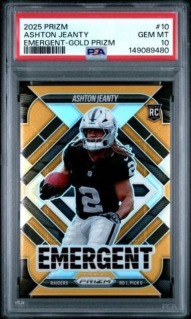 PSA 10 Ashton Jeanty 2025 Panini Prizm Emergent Gold Prizm RC #10 (1 of 2)
