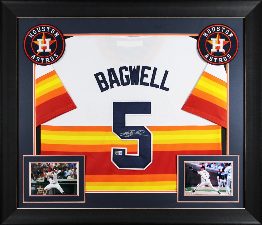 Framed Jeff Bagwell Astros signed white pro style jersey BAS: Framed Jeff Bagwell Astros signed white pro style jersey BAS This professionally framed white pro style jersey has been personally signed by Jeff Bagwell of the Houston Astros. The jersey is custom-st