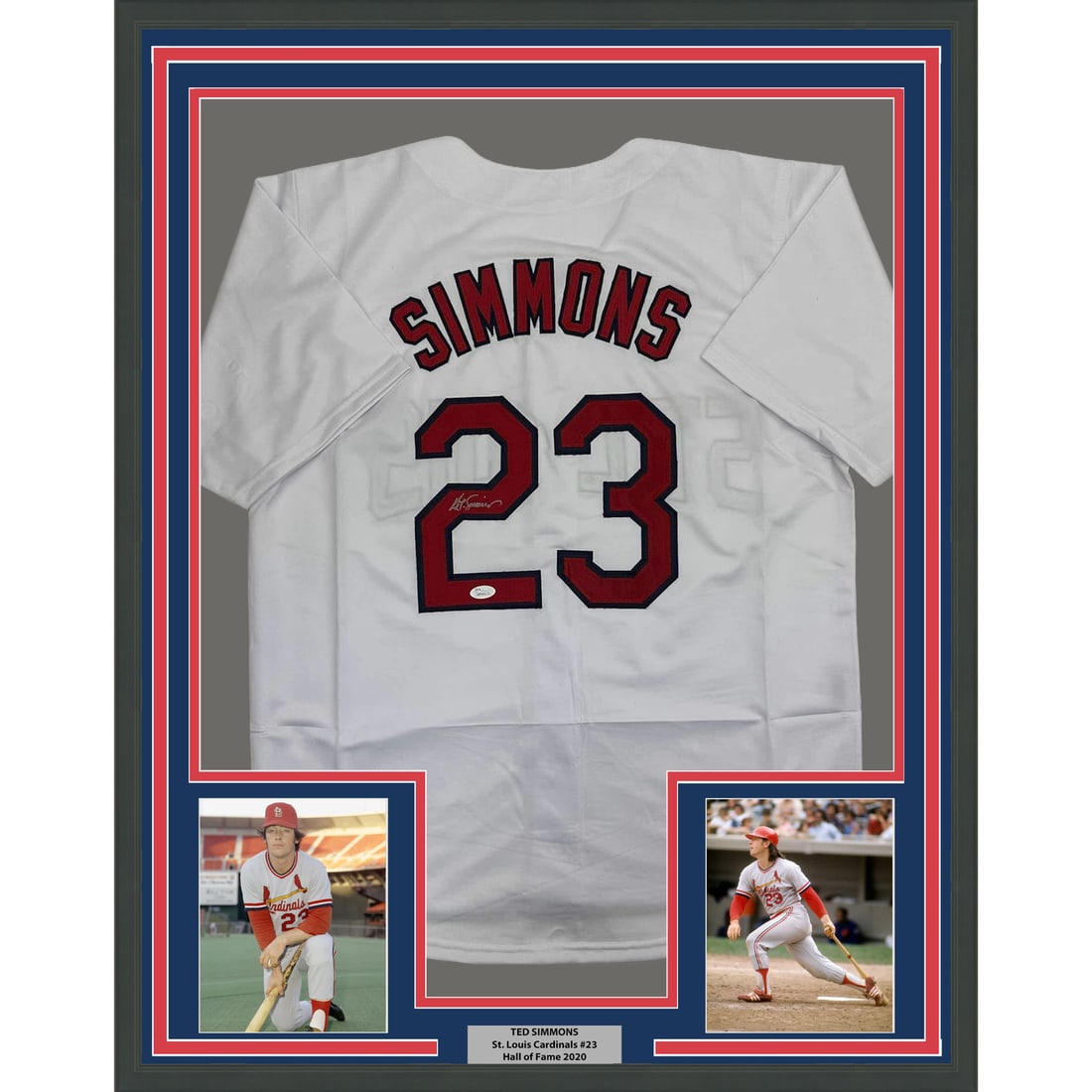 Ted Simmons Signed St Louis Cardinals Framed White Jersey 35x39 With JSA COA: Ted Simmons Signed St Louis Cardinals Framed White Jersey 35x39 With JSA COA This professionally framed and matted display features a St. Louis Cardinals white jersey autographed by Ted Simmons. The j