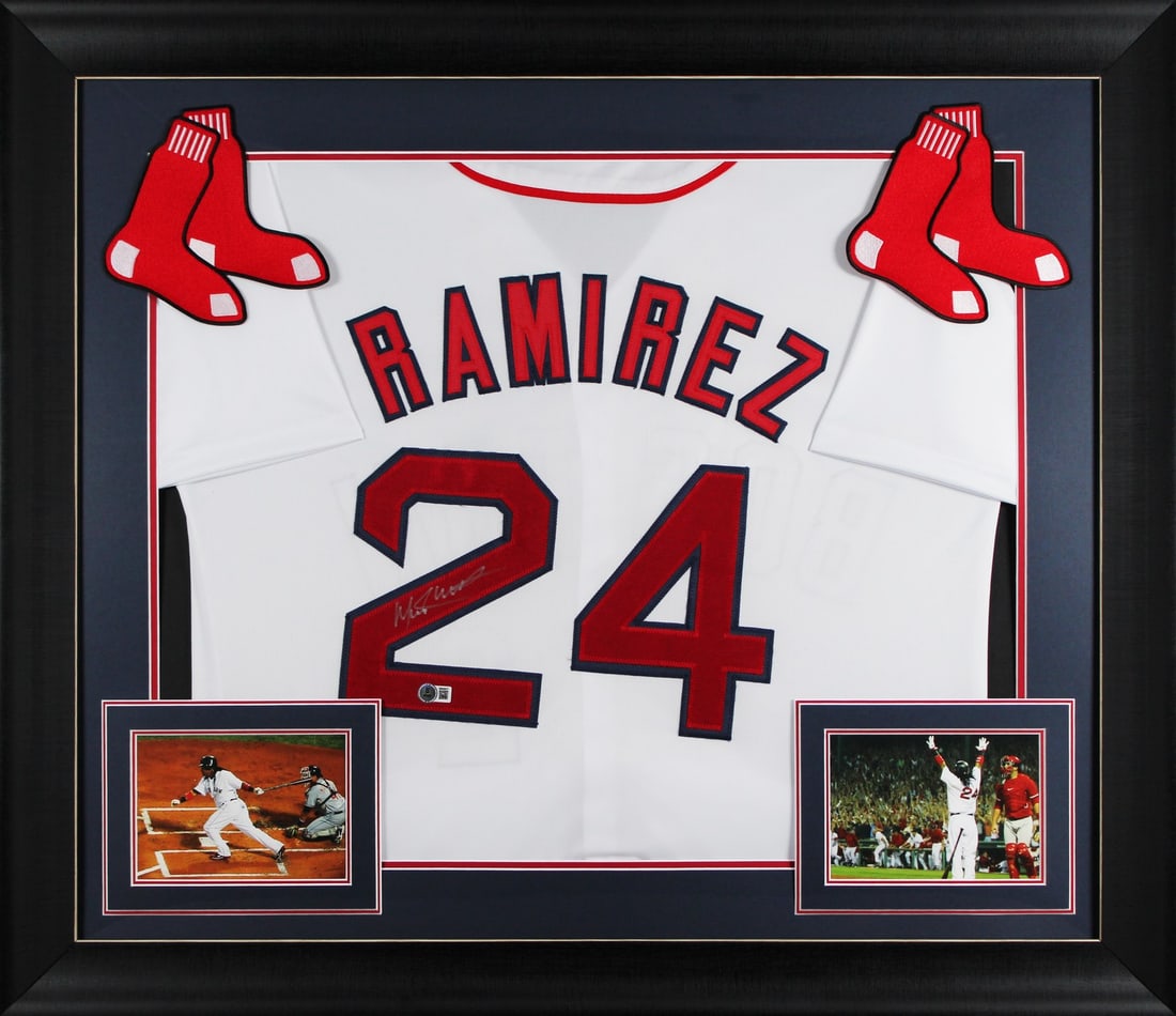 Framed Manny Ramirez autographed Boston Red Sox jersey BAS witnessed: Framed Manny Ramirez autographed Boston Red Sox jersey BAS witnessed This professionally framed white pro style jersey features the authentic signature of Manny Ramirez from the Boston Red Sox. The je