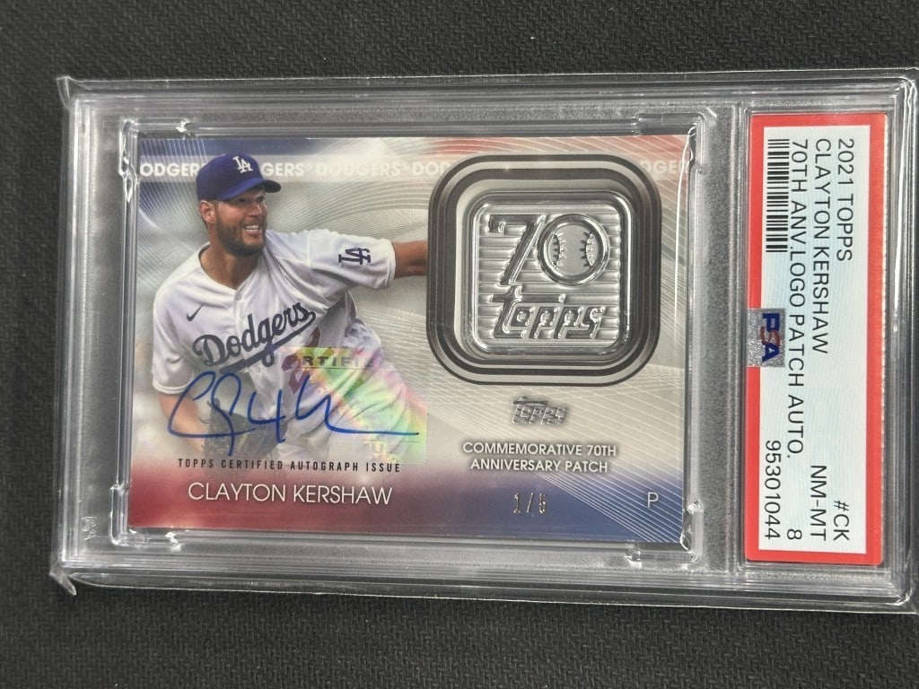 Clayton Kershaw 2021 Topps 70th Patch Auto PSA 8 Dodgers #CK: Clayton Kershaw 2021 Topps 70th Patch Auto PSA 8 Dodgers #CK Celebrate the legacy of one of baseball's greatest pitchers with this 2021 Topps 70th Anniversary Patch Autograph card featuring Clayton Ke
