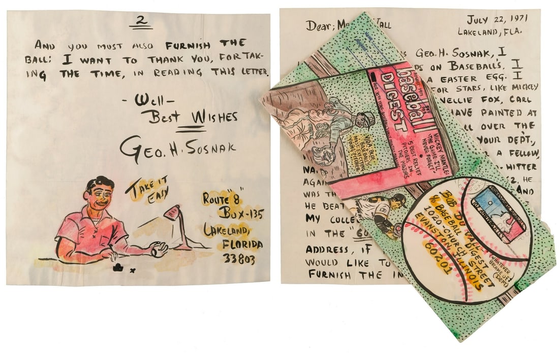 George Sosnak signed 1971 handwritten baseball letter with self portrait (1 of 2)