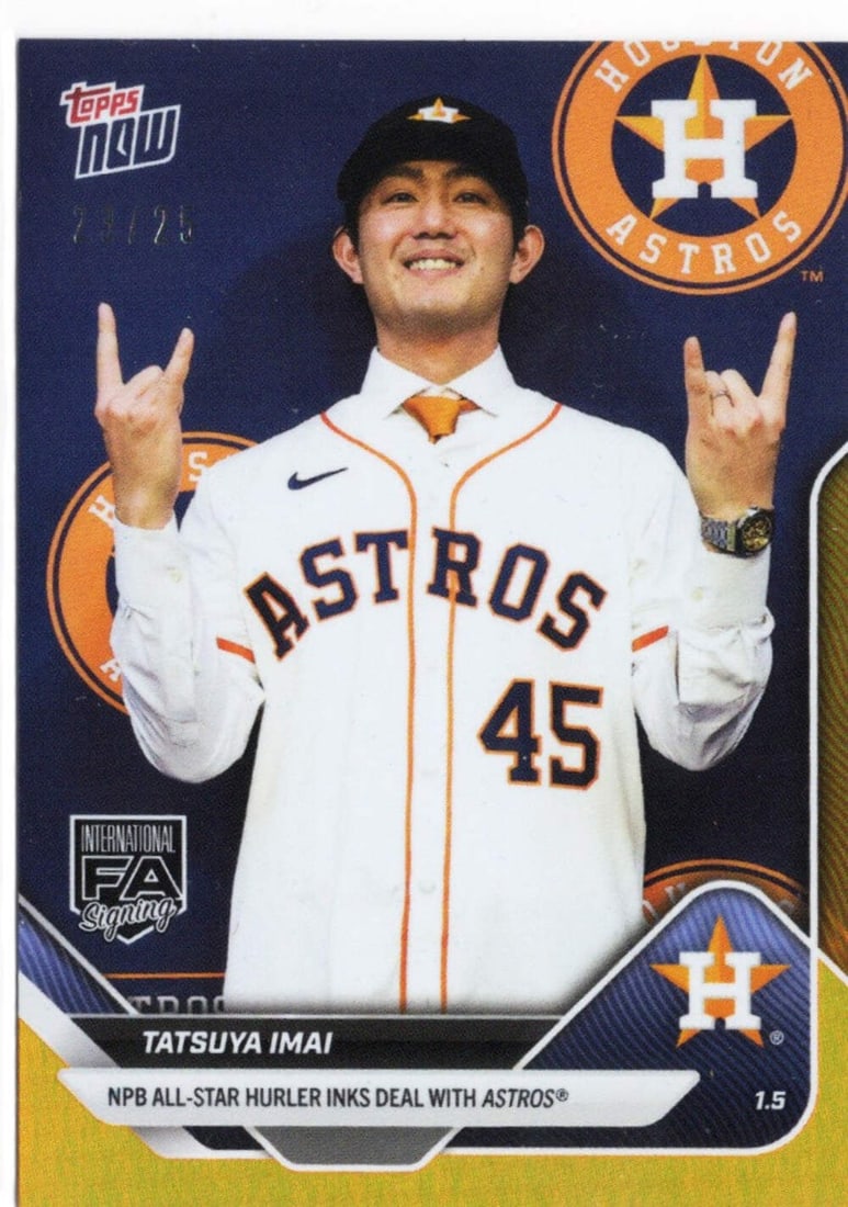 Tatsuya Imai Houston Astros Rookie Orange Foil #OS12 Card Limited to 25: Tatsuya Imai Houston Astros Rookie Orange Foil #OS12 Card Limited to 25 This is an original 2025 Topps Now Tatsuya Imai #OS12 Orange Foil rookie card, featuring Tatsuya Imai of the Houston Astros. The