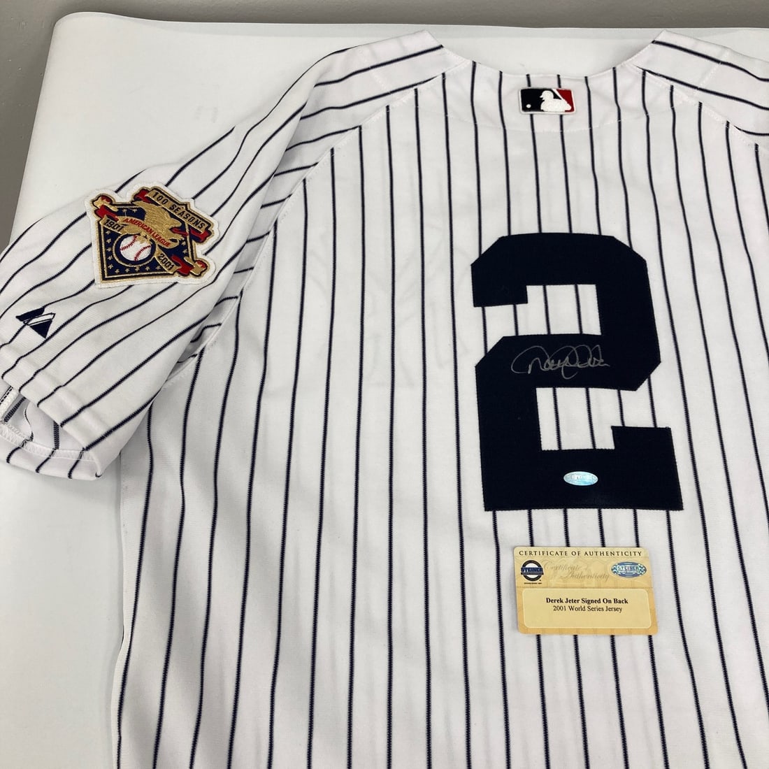2001 New York Yankees Majestic Jersey Signed by Derek Jeter Steiner JSA COA: 2001 New York Yankees Majestic Jersey Signed by Derek Jeter Steiner JSA COA This is an original 2001 New York Yankees Majestic game jersey signed by Derek Jeter. The jersey is authenticated by both St