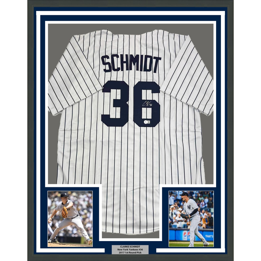Framed Autographed Clarke Schmidt New York Yankees Jersey BAS COA 35x39: Framed Autographed Clarke Schmidt New York Yankees Jersey BAS COA 35x39 Celebrate your passion for baseball with this professionally framed autographed New York Yankees pinstripe jersey, signed by Cla