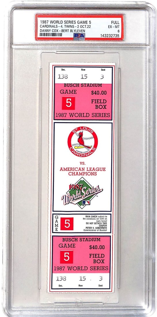 PSA 6 Full Ticket 1987 World Series Game 5 St Louis vs Minnesota: PSA 6 Full Ticket 1987 World Series Game 5 St Louis vs Minnesota This is an original full ticket from Game 5 of the 1987 World Series between the St. Louis Cardinals and the Minnesota Twins. Graded PS