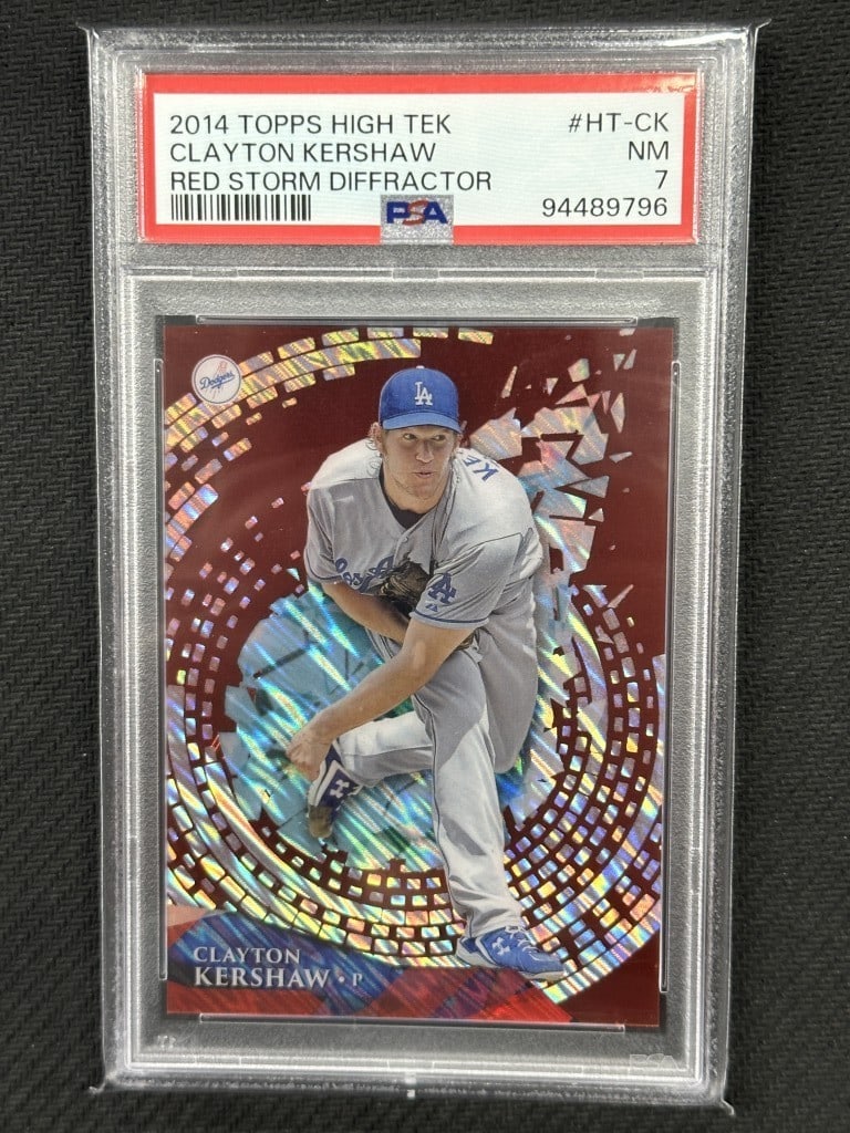 Clayton Kershaw 2014 Topps High Tek Red Storm Diffractor PSA 7 #HT-CK: Clayton Kershaw 2014 Topps High Tek Red Storm Diffractor PSA 7 #HT-CK This is a Clayton Kershaw 2014 Topps High Tek Red Storm Diffractor baseball card, featuring the iconic Los Angeles Dodgers player.