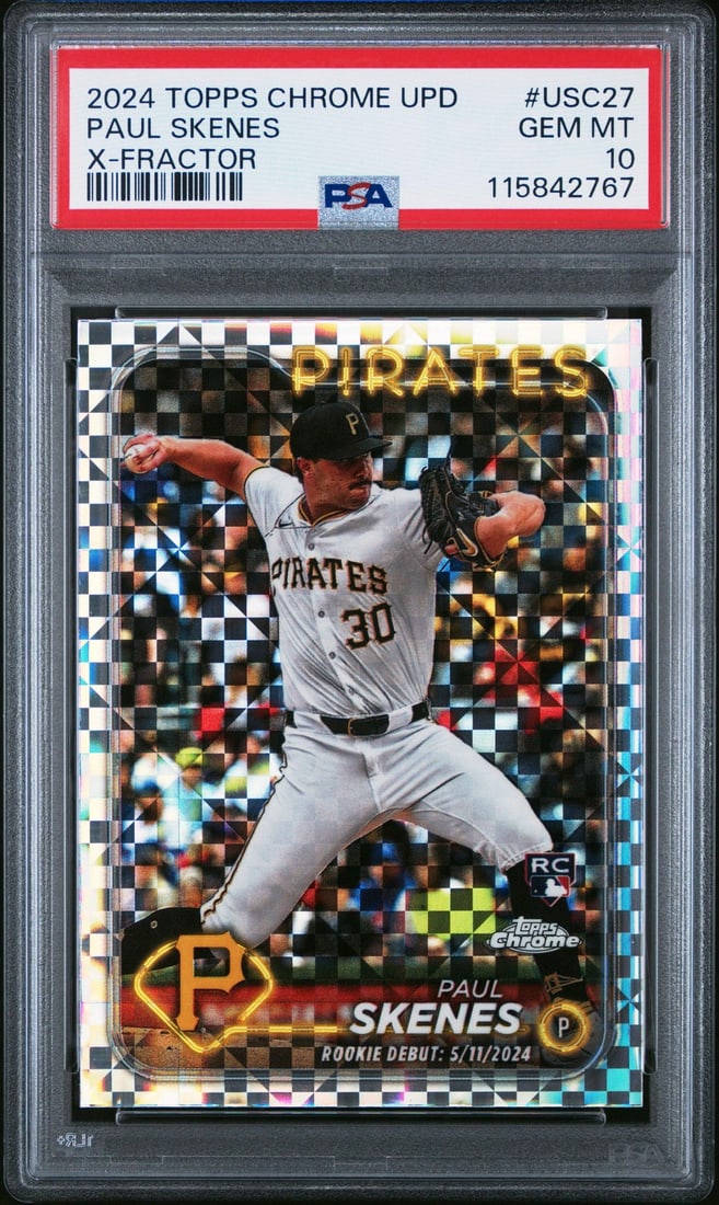 2024 Topps Chrome Paul Skenes #USC27 XFractor RC PSA 10 Authentic Baseball Card: 2024 Topps Chrome Paul Skenes #USC27 XFractor RC PSA 10 Authentic Baseball Card This is a graded 2024 Topps Chrome UPD Paul Skenes #USC27 XFractor RC Baseball Card, rated PSA 10. The card showcases Pa
