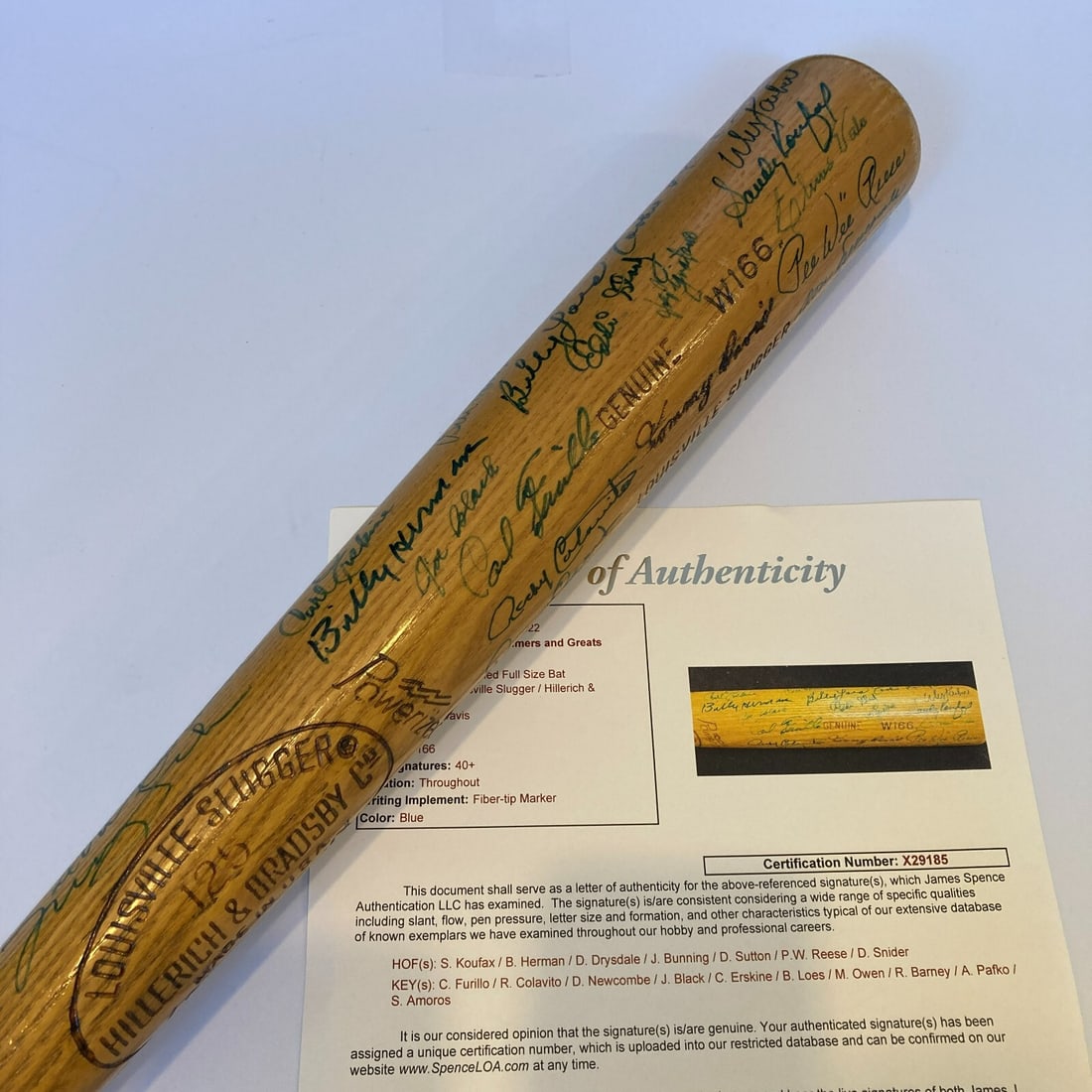 Multi Signed Brooklyn Dodgers Bat 34 Inch with JSA COA 40+ Signatures: Multi Signed Brooklyn Dodgers Bat 34 Inch with JSA COA 40+ Signatures This remarkable 34-inch Hillerich & Bradsby baseball bat is a true collector's item, featuring the signatures of over 40 legendary