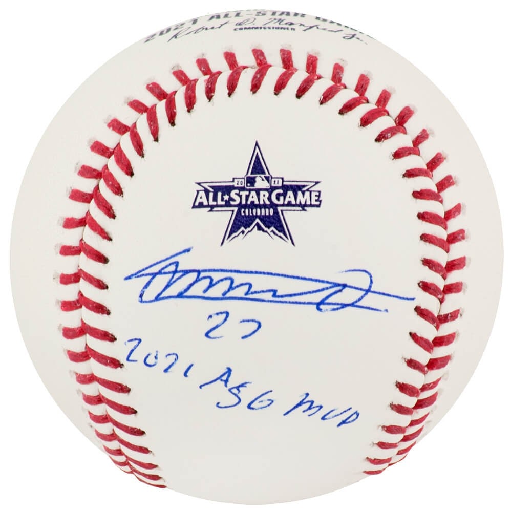 Vladimir Guerrero Jr autographed Rawlings 2021 All Star Game baseball MVP inscription Beckett COA: Vladimir Guerrero Jr autographed Rawlings 2021 All Star Game baseball MVP inscription Beckett COA This Rawlings 2021 All Star Game logo baseball is personally signed by Vladimir Guerrero Jr. and featu