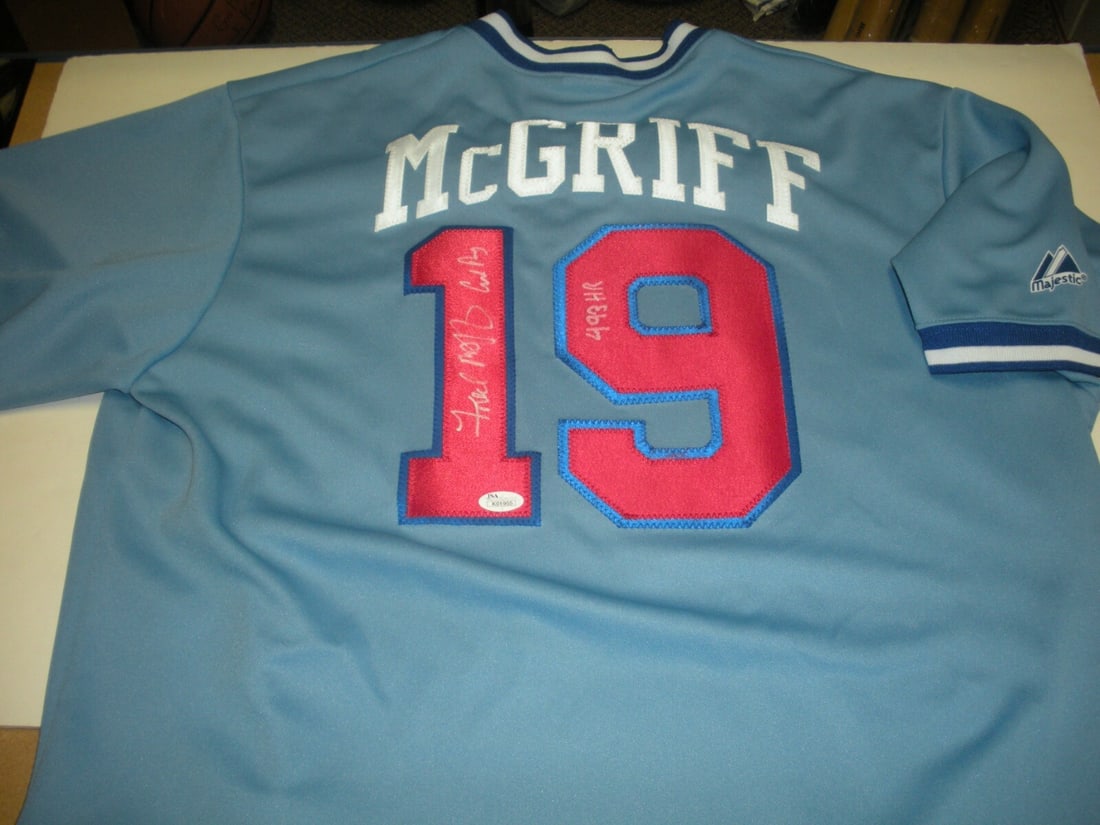Majestic Toronto Blue Jays Jersey Signed by Fred McGriff with JSA COA: Majestic Toronto Blue Jays Jersey Signed by Fred McGriff with JSA COA This is an official Majestic Toronto Blue Jays jersey signed by Fred McGriff, also known as "Crime Dog." The jersey includes JSA/C
