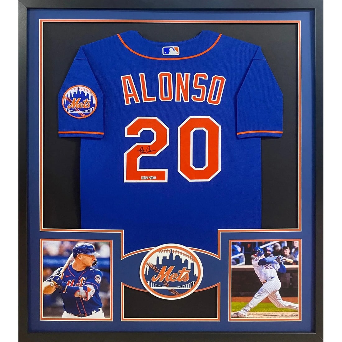 Framed Pete Alonso Autographed New York Mets Jersey With Fanatics Authentication: Framed Pete Alonso Autographed New York Mets Jersey With Fanatics Authentication This framed New York Mets jersey features the authenticated autograph of Pete Alonso. The display is protected with UV 