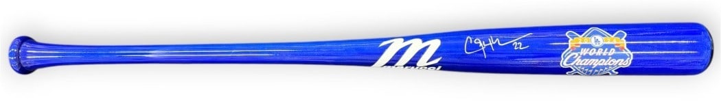 Clayton Kershaw signed Dodgers custom bat Beckett authenticated: Clayton Kershaw signed Dodgers custom bat Beckett authenticated This is a pre-owned custom baseball bat autographed by Clayton Kershaw, commemorating the 2024 World Series. The bat features the signat