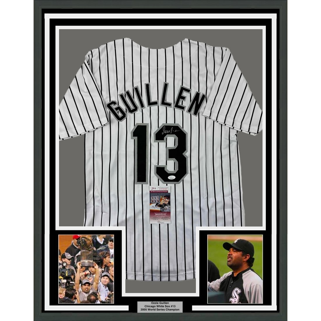 Framed Ozzie Guillen Autographed Chicago White Sox Jersey JSA COA: Framed Ozzie Guillen Autographed Chicago White Sox Jersey JSA COA Celebrate your love for baseball with this professionally framed and autographed Ozzie Guillen Chicago White Sox jersey. Measuring 35 