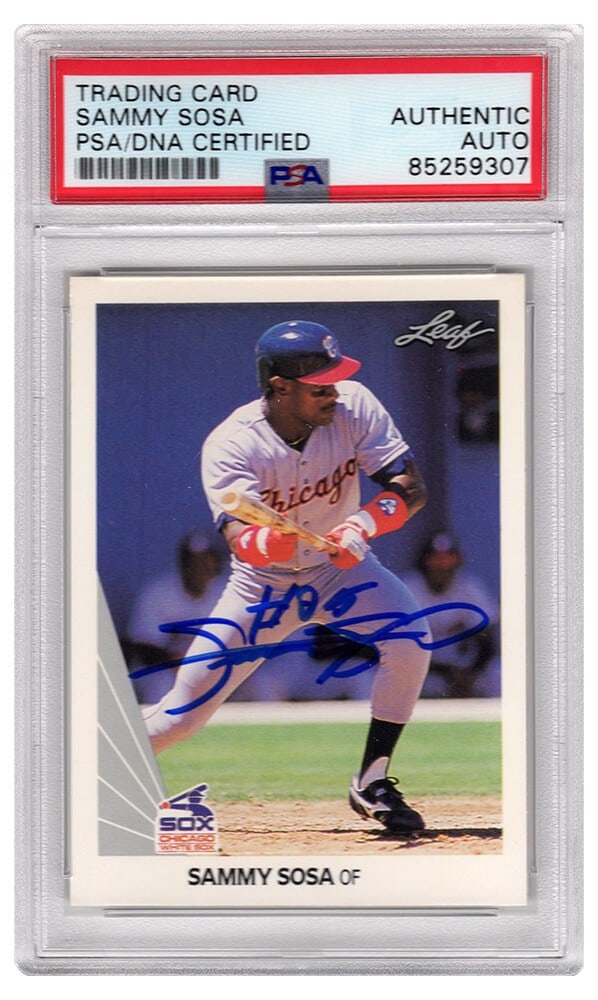Sammy Sosa Signed 1990 Leaf White Sox Card #220 PSA Encapsulated: Sammy Sosa Signed 1990 Leaf White Sox Card #220 PSA Encapsulated This Chicago White Sox 1990 Leaf trading card features the signature of baseball player Sammy Sosa. The card is encapsulated and authen