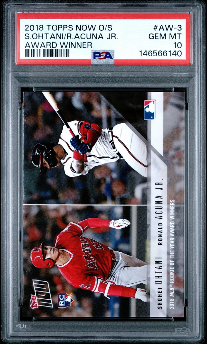 PSA 10 2018 Topps Now AW3 Ohtani Acuna Rookie Card: PSA 10 2018 Topps Now AW3 Ohtani Acuna Rookie Card This is a 2018 Topps Now Rookie of the Year insert card featuring Shohei Ohtani and Ronald Acuna Jr, card number AW-3. The card is professionally gra