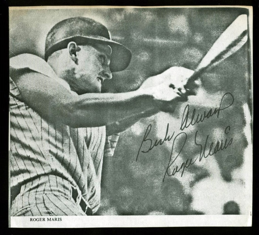 Roger Maris Authentic Signed Cut Photo JSA 4.8x5.5 Yankees: Roger Maris Authentic Signed Cut Photo JSA 4.8x5.5 Yankees This is an original cut photo measuring 4.8x5.5 inches, showcasing Roger Maris of the New York Yankees in a dynamic batting pose. Authentical