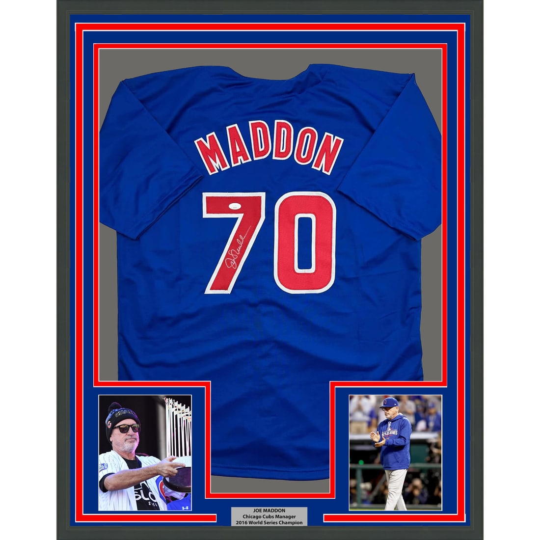 Framed Joe Maddon Autographed Chicago Cubs Jersey with JSA COA: Framed Joe Maddon Autographed Chicago Cubs Jersey with JSA COA Celebrate the legacy of Joe Maddon with this professionally framed and matted autographed Chicago Cubs baseball jersey. This original 35x