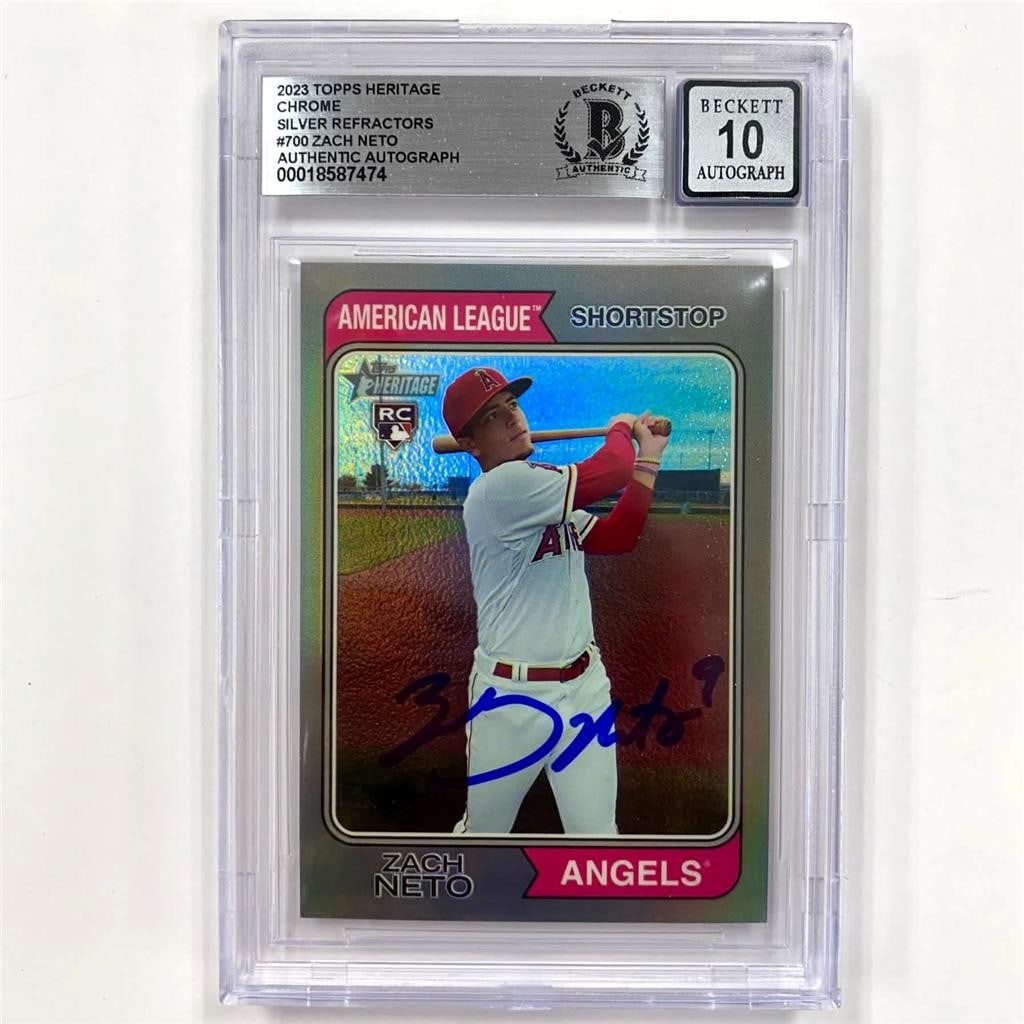 Zach Neto 2023 Topps Heritage Chrome Rookie Card BAS Auto 10: Zach Neto 2023 Topps Heritage Chrome Rookie Card BAS Auto 10 This is a 2023 Topps Heritage Chrome Rookie Card featuring Zach Neto of the Los Angeles Angels. The card is a Silver Refractor parallel and