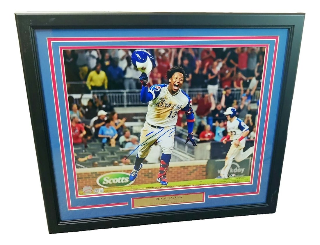 Framed Ronald Acuna signed Braves 16x20 photo BAS: Framed Ronald Acuna signed Braves 16x20 photo BAS This framed 16x20 photo features Ronald Acuna of the Atlanta Braves and includes his authentic signature. The autograph is verified by Beckett Authent