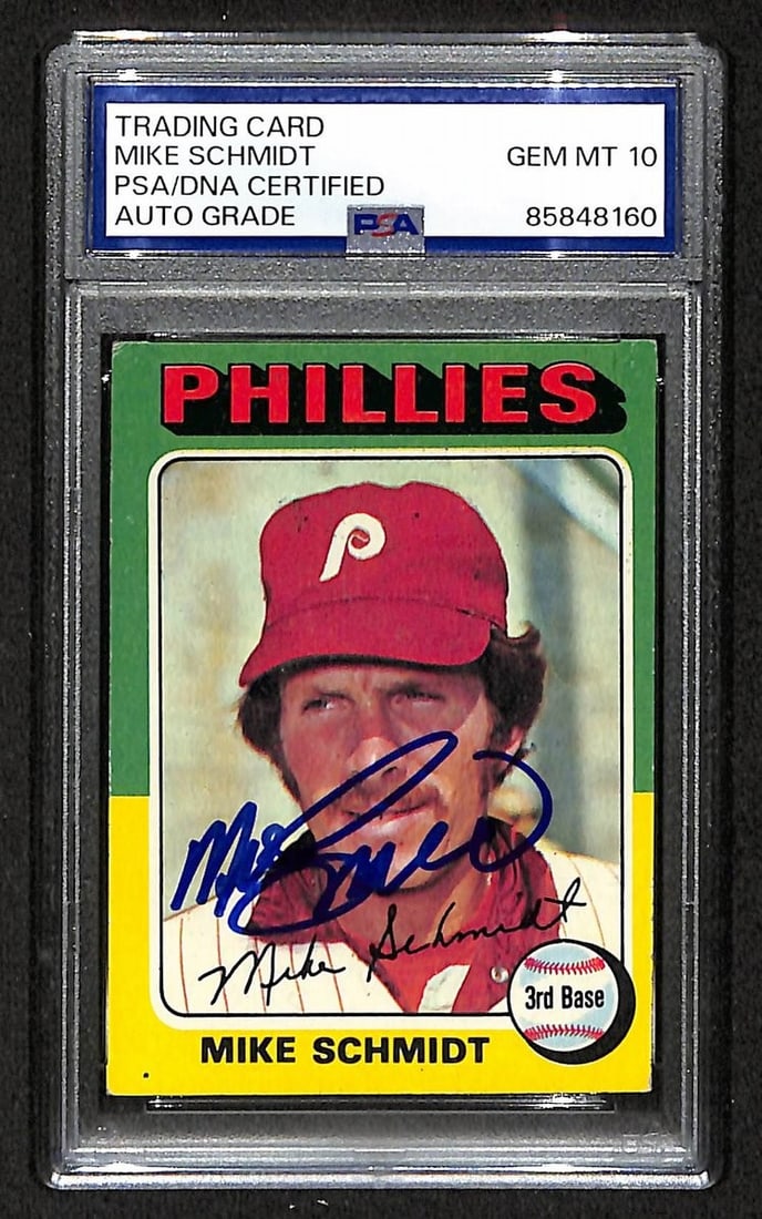 1975 Topps Mike Schmidt Phillies HOF signed PSA DNA auto GEM 10: 1975 Topps Mike Schmidt Phillies HOF signed PSA DNA auto GEM 10 This is an original 1975 Topps #70 baseball card featuring Mike Schmidt of the Philadelphia Phillies. The card is signed and has been au