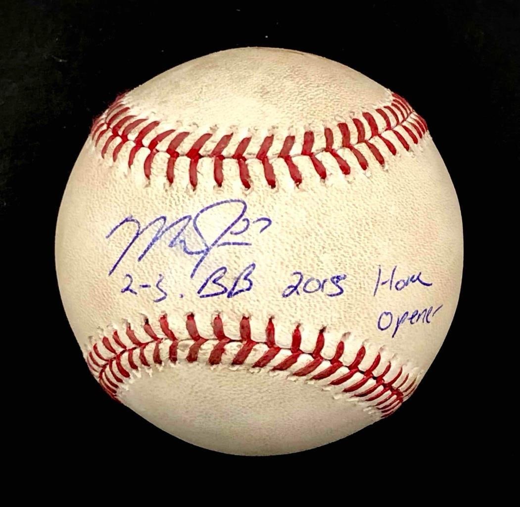 Game-Used 2015 Home Opener Baseball Signed by Mike Trout With MLB Authentication: Game-Used 2015 Home Opener Baseball Signed by Mike Trout With MLB Authentication This is a game-used baseball signed by Mike Trout from the 2015 Home Opener, authenticated by MLB. The ball was used du