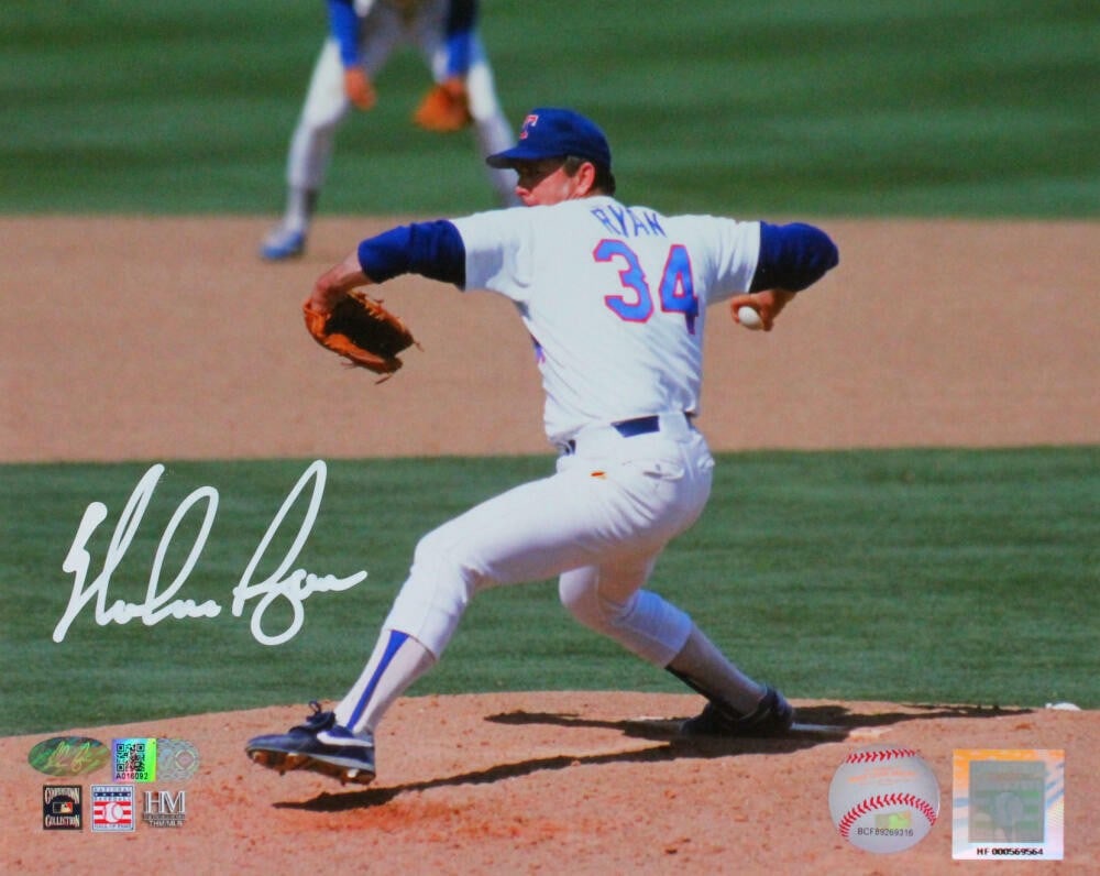 Texas Rangers Nolan Ryan signed 8x10 photo AI Verified: Texas Rangers Nolan Ryan signed 8x10 photo AI Verified This is an original 8x10 photograph featuring Nolan Ryan of the Texas Rangers, captured pitching from the back view. The photo is autographed by 